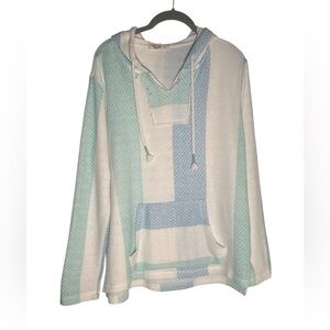Ron Jon Surf Shop Mint Blue Striped Women top hoodie v neck‎ pocket long Sleeve